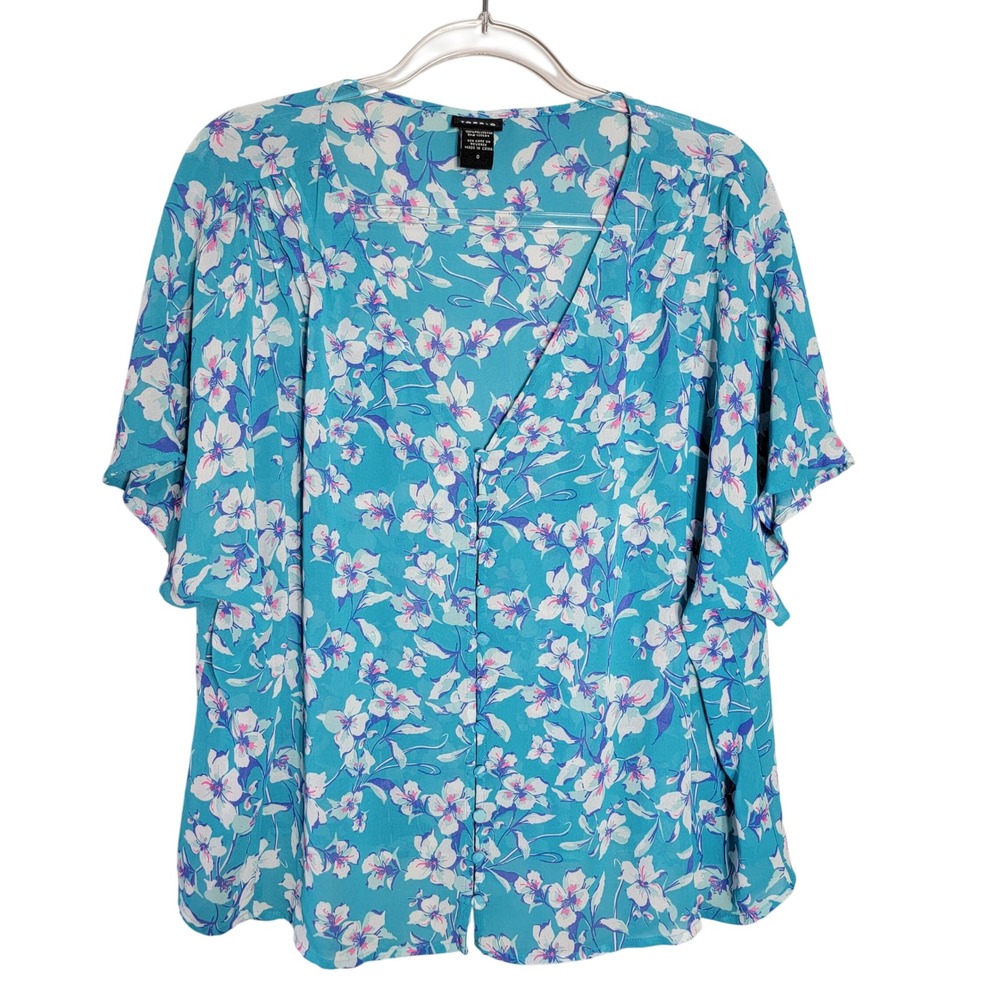 Torrid Floral Top Size Large 0 Aqua Floral Kimono Sleeve Button Front‎ Sheer